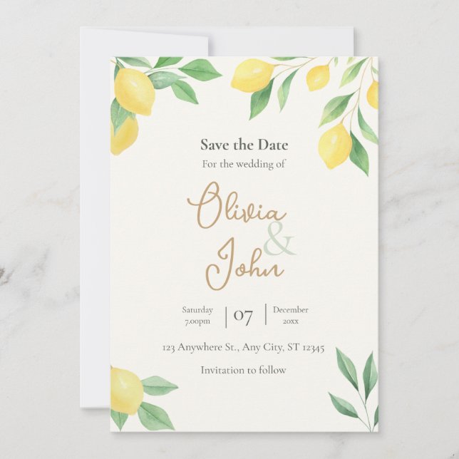 Convites Lemon Citrus Greenery Save the Date Photo Back (Frente)
