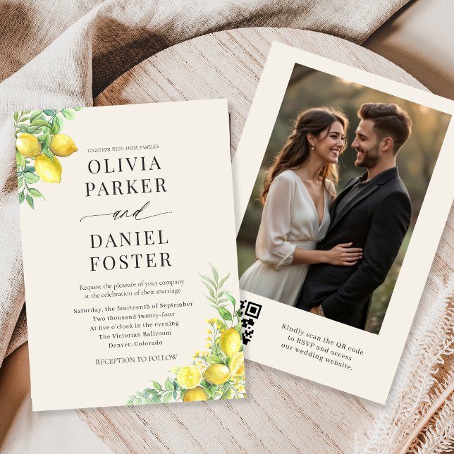 Convites Lemon Citrus QR Code Photo Wedding (Criador carregado)