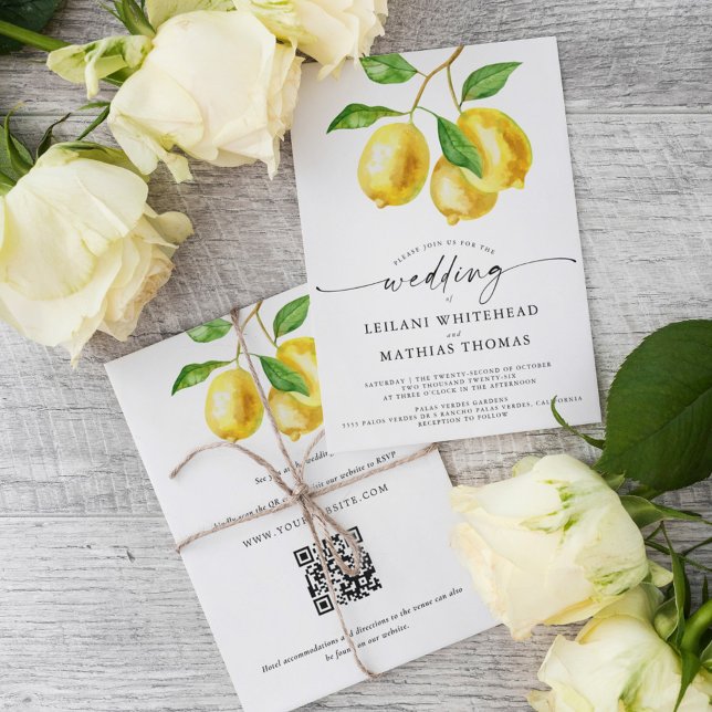 Convites Lemon Citrus Watercolor Código QR Casamento (Our Lemon Citrus Watercolor RSVP QR Code Wedding Invite is the perfect way to simplify your RSVPs.)