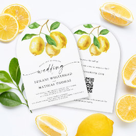 Convites Lemon Citrus Watercolor Código QR Casamento