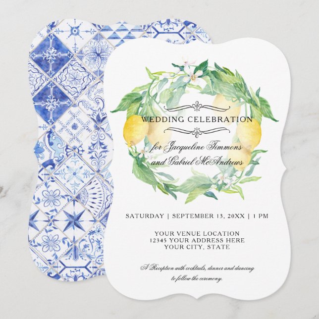 Convites Lemon Floral Citrus Foliage Rustic Blue Azulejo Br (Frente/Verso)