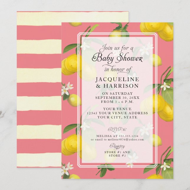 Convites Lemon Floral Citrus Greenery Pink Baby Girl Chá (Frente/Verso)