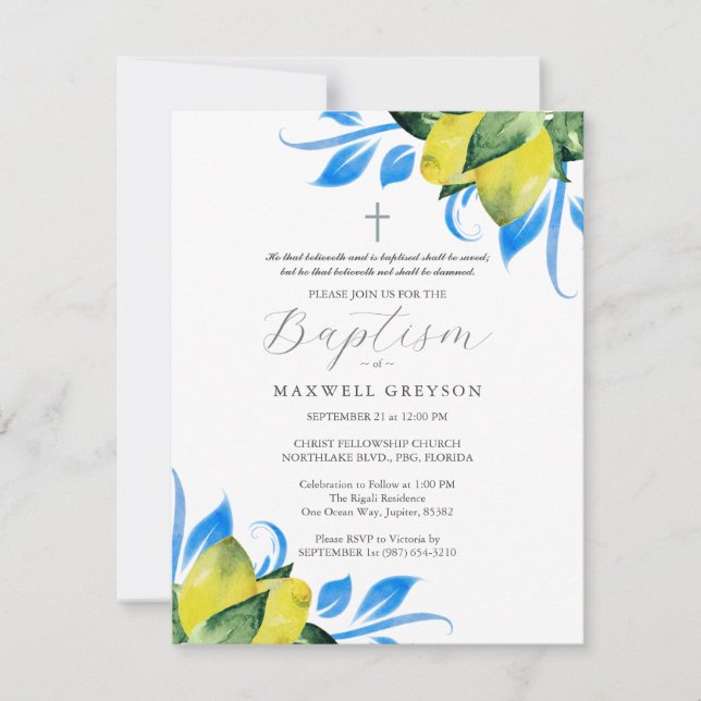 Convites Lemon Foliage Baptism Invtions Modelo (Frente)