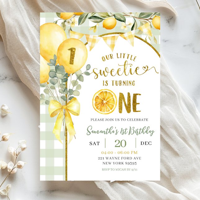 Convites Lemon Gingham 1st birthday invitation (Criador carregado)