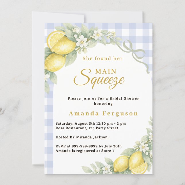 Convites Lemon gingham blue main squeeze bow Bridal Shower (Frente)