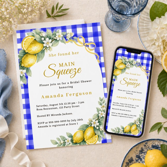 Convites Lemon gingham blue main squeeze bow Bridal Shower (Criador carregado)