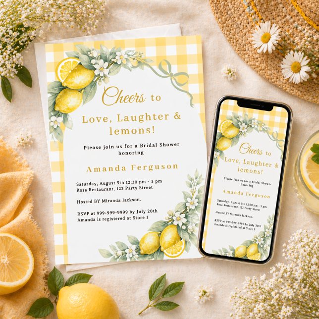 Convites Lemon gingham love laughter bow Bridal Shower (Criador carregado)