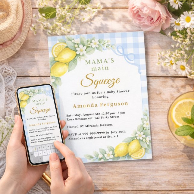 Convites Lemon gingham squeeze blue bow boy Baby Shower (Criador carregado)
