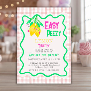 Convites Lemon Pink Gingham Três-zy 3º Aniversário Menina 