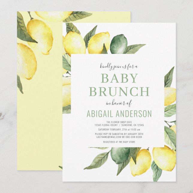 Convites Lemon Watercolor Citrus Modern Baby Brunch (Frente/Verso)