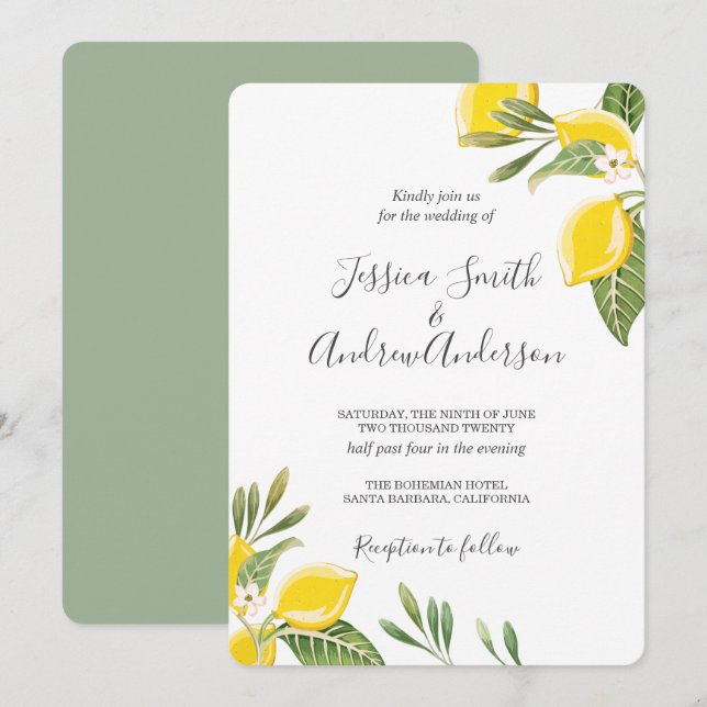Convites Lemon Wedation Invitation Bohemian Flowers Citrus (Frente/Verso)