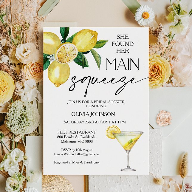 Convites Lemon Yellow Ela Encontrou O Chá de panela De Aper (Lemon Bridal Shower Invitation Template, Lemon Drop Martini Cocktail Main Squeeze Bridal Shower)