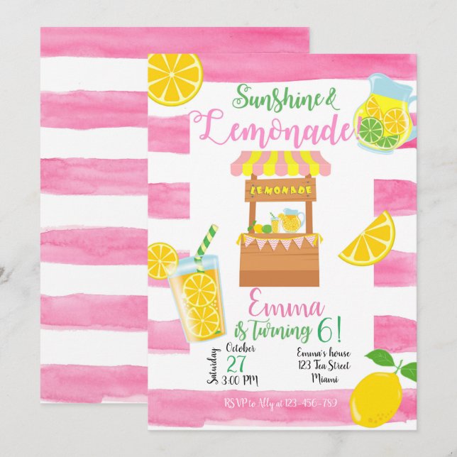 Convites Lemonade Birthday Invitation, Lemonade Invitation (Frente/Verso)