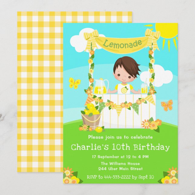 Convites Lemonade Stand Birthday Brown Hair Boy (Frente/Verso)