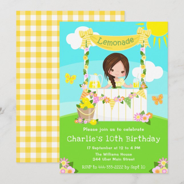 Convites Lemonade Stand Birthday Brown Hair Girl (Frente/Verso)
