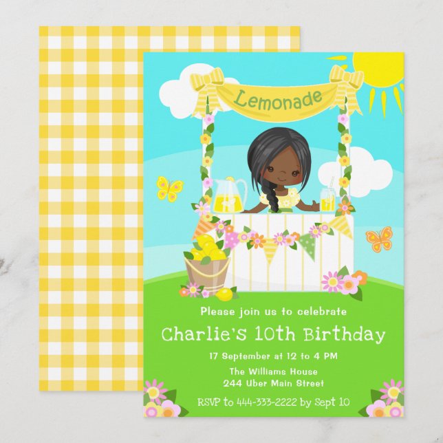 Convites Lemonade Stand Birthday Dark Skin Girl (Frente/Verso)