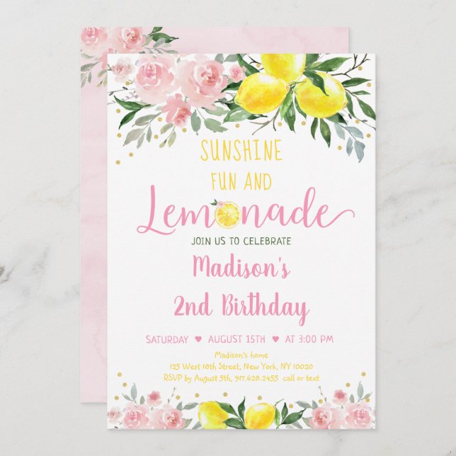 Convites Lemonade Sunshine Floral Dourada Rosa (Frente/Verso)