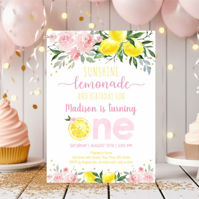 Convites Lemonade Sunshine Floral Rosa Primeiro Aniversário (Criador carregado)