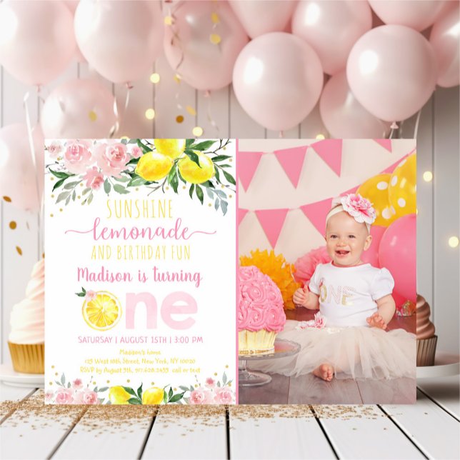 Convites Lemonade Sunshine Floral Rosa Primeiro Aniversário (Criador carregado)