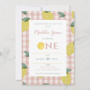 Convites Lemonade Sunshine Xadrez Rosa Primeiro Aniversário