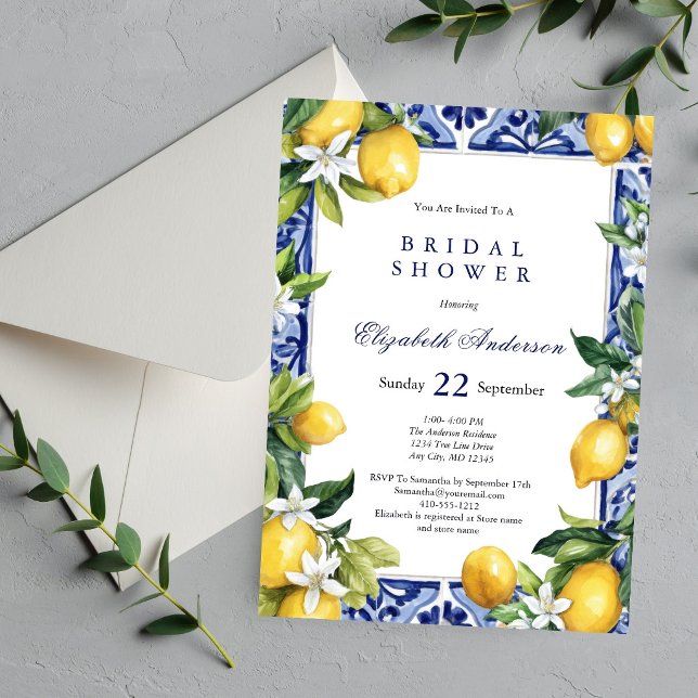 Convites Lemons Blue White Mediterranean Tile Bridal Shower (Lemons Blue white Mediterranean Tile White Florals Greenery Bridal Shower Invitation)