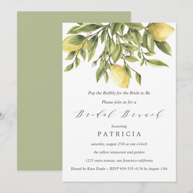 Convites Lemons de Verão e Bridal de Casamento de Folhagem  (Frente/Verso)