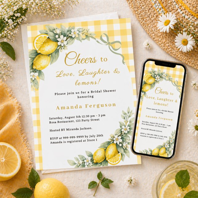 Convites Lemons love laughter bow gingham Bridal Shower (Criador carregado)