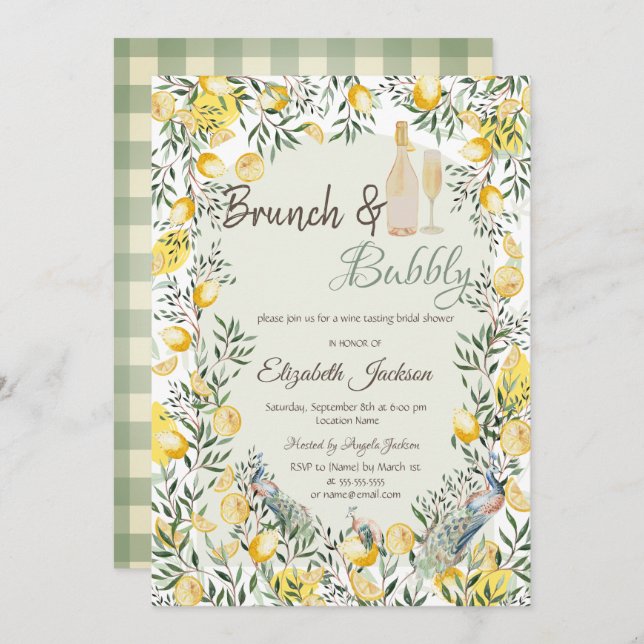 Convites Lemons Peacock Xadrez Verde Brunch e Bubble (Frente/Verso)