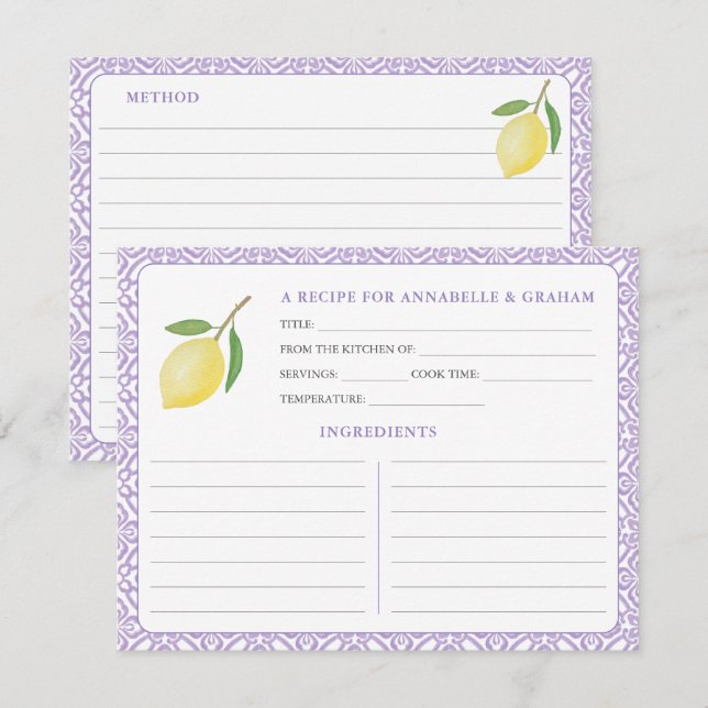 Convites Lemons Purple Text Bridal Shower Recipe Card (Frente/Verso)