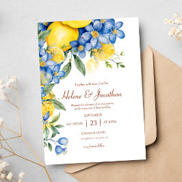 Convites Lemons Watercolor Blue Yellow Elegant Weding