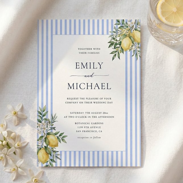 Convites Lemons With Blue Stripes Citrus Wedding Invitation (Criador carregado)