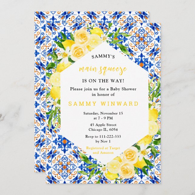 Convites Lemons with Foliage Mediterranean Baby Shower (Frente/Verso)