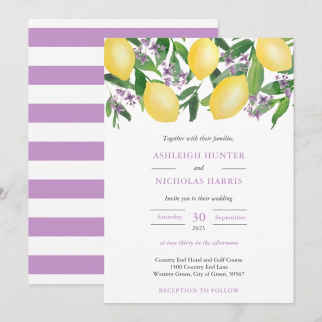 Convites Lemons Yellow Purple Watercolor Citrus Casamento I (Frente/Verso)