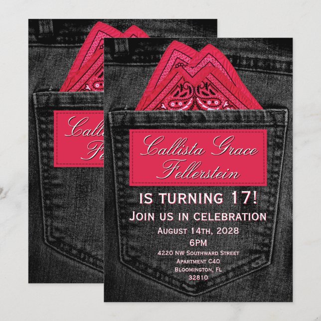 Convites Lenço Rosa na Bolsa de Jean Denim Preto (Frente/Verso)