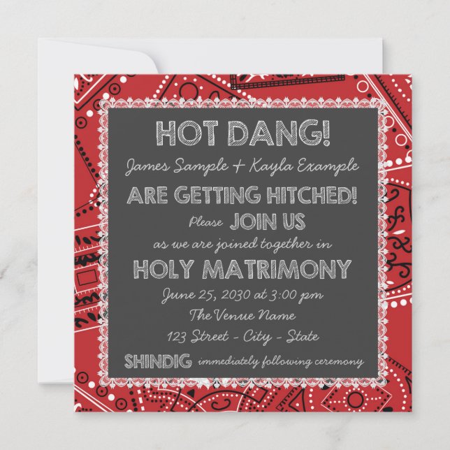 Convites Lenço Vermelho Rústico País Quadro Negro Casamento (Frente)
