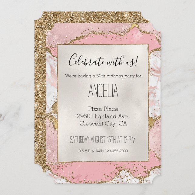 Convites Lente Dourada de mármore branco rosa (Frente/Verso)