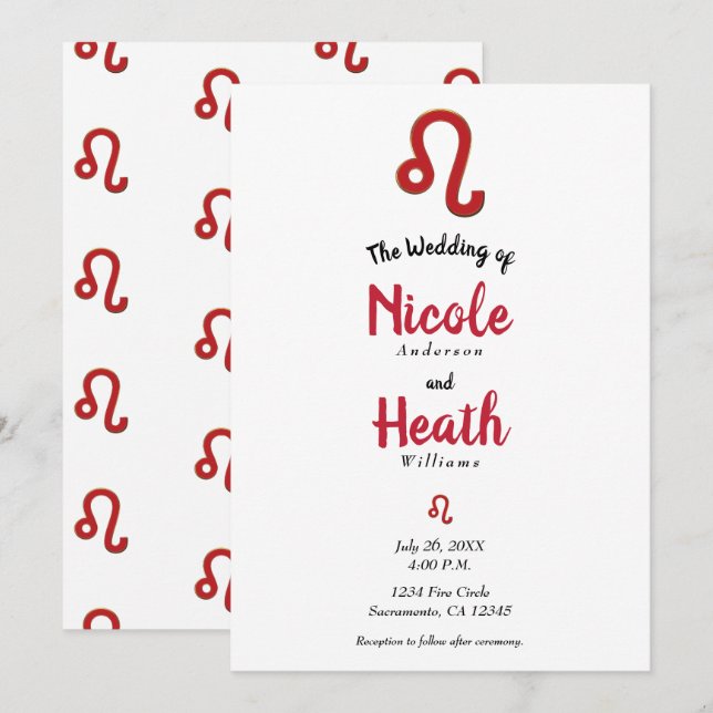 Convites LEO Astronomia do Zodíaco Vermelho Casamento de Ju (Frente/Verso)