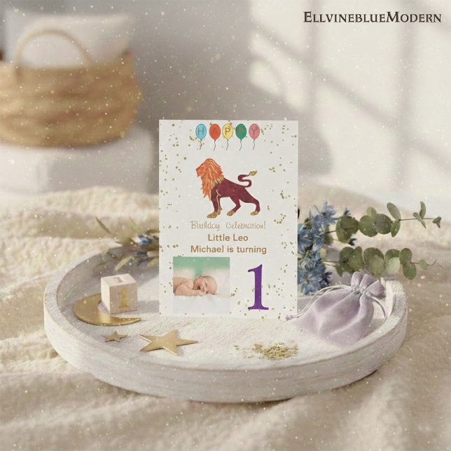 Convites Leo Primeiro Aniversário Dourado, Balões e Foto (Criador carregado)