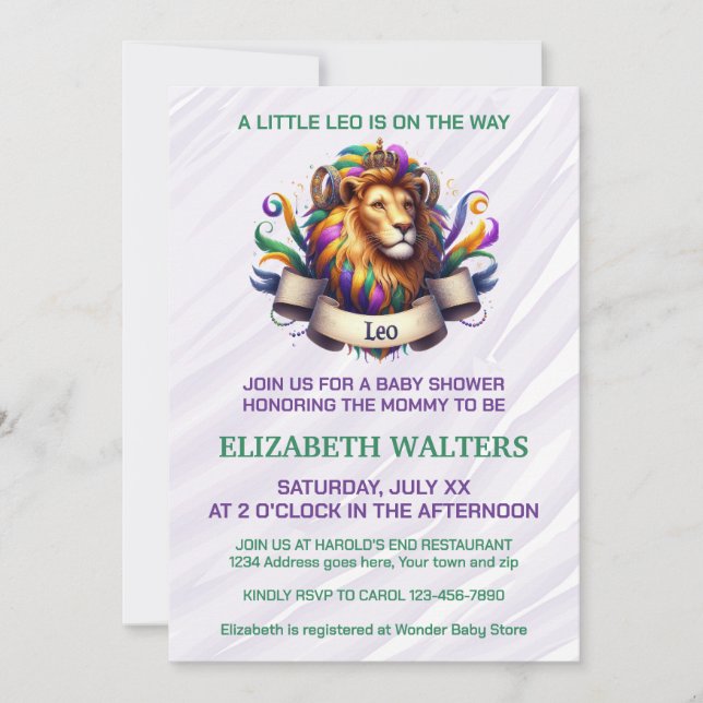 Convites Leo Zodiac Baby Shower Lavender and Green (Frente)