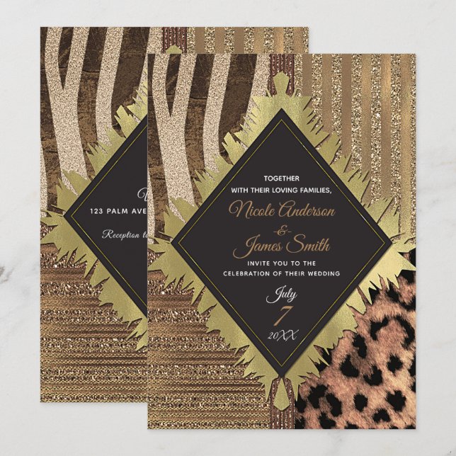 Convites Leoa Safari Chic Glamour Moderno da Selva Casament (Frente/Verso)