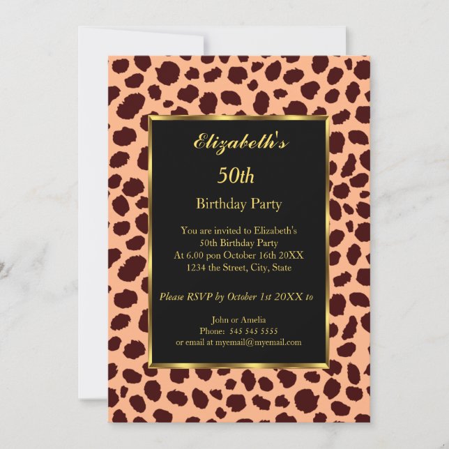 Convites Leopard 50th Festa de aniversário Dourado Negro (Frente)