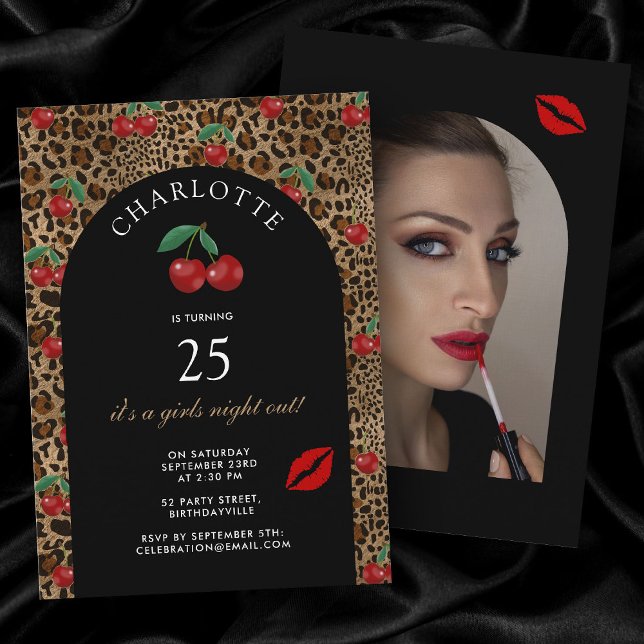 Convites Leopard Cheetah Animal Print Cherry Birthday Photo (Leopard Cheetah Animal Print Cherry Birthday Photo Invitation)