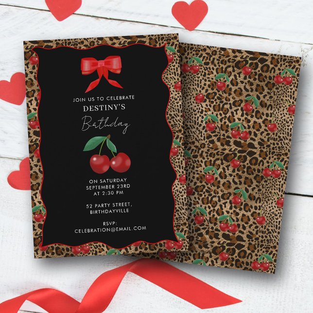 Convites Leopard Cheetah Animal Print Cherry Girl Birthday (Leopard Cheetah Animal Print Cherry Girl Birthday Invitation)