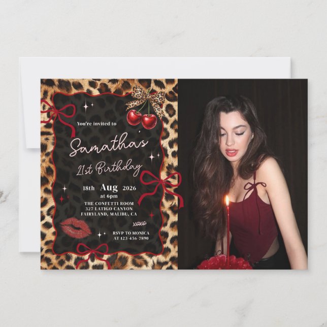 Convites Leopard Cheetah Cherries Birthday Photo Invitation (Frente)