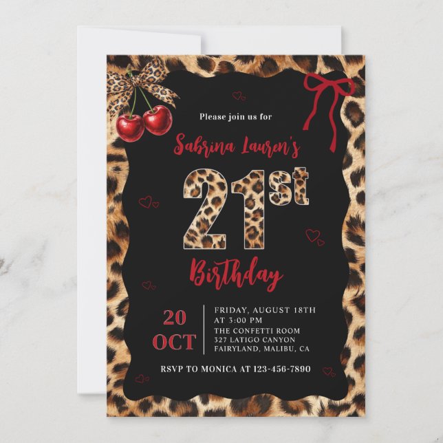 Convites Leopard Cheetah Cherry 21st Birthday Invitation (Frente)