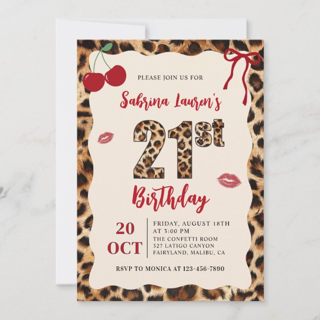 Convites Leopard Cheetah Cherry Birthday (Frente)