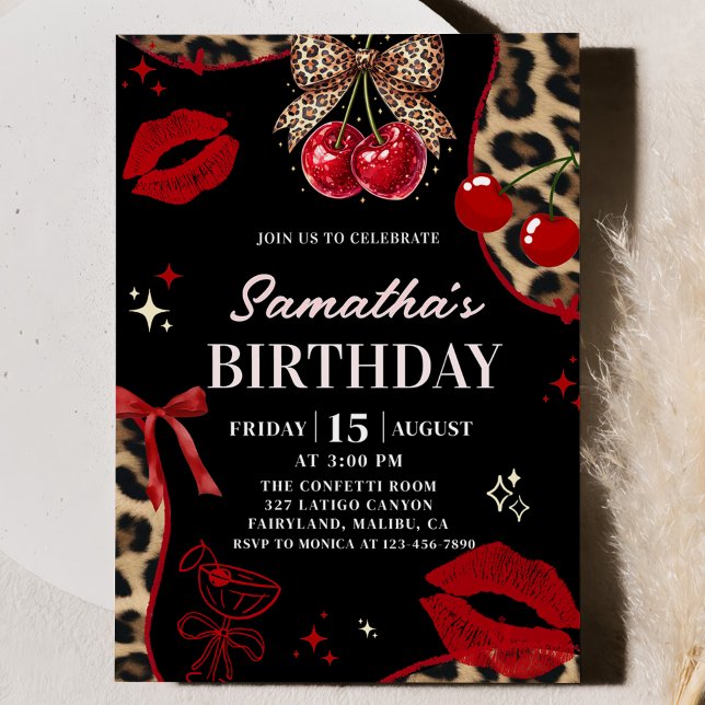 Convites Leopard Cheetah Coquette Cherry Birthday (Criador carregado)
