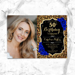 Convites Leopard Impressão Dourada Real Foto Azul 50º Anive<br><div class="desc">Elegante convite floral feminino para o 50º aniversário com sua foto. Design azul real preto de vidro com ouro brilhante falso. Possui impressão de leopardo animal, rosas azuis de safira, fonte de script e confetti. Perfeito para uma festa de comemoração de na moda adulto. Personalize com seus próprios detalhes. Pode...</div>