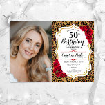 Convites Leopard Imprime Dourada Foto Vermelha 50º Aniversá<br><div class="desc">Elegante convite floral feminino para o 50º aniversário com sua foto. Design de branco de vidro com ouro brilhante falso. Possui impressão de leopardo animal, rosas vermelhas, fonte de script e confetti. Perfeito para uma festa de comemoração de na moda adulto. Personalize com seus próprios detalhes. Pode ser personalizado para...</div>