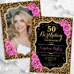Convites Leopard Imprime preto rosa Foto 50º aniversário<br><div class="desc">Elegante convite de 50 anos femininos com sua foto na parte de trás do cartão. Design preto de vidro com impressão de leopardo animal e ouro brilhante falso. Possui rosas cor-de-rosa, fonte de script e confetti. Perfeito para uma festa de comemoração de na moda adulto. Personalize com seus próprios detalhes....</div>